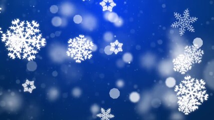 Animated white snowflakes falling on blue background with soft bokeh lights for winter holiday and christmas season decoration - Powered by Adobe