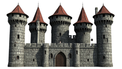 Stone castle with five towers and red conical roofs, front view