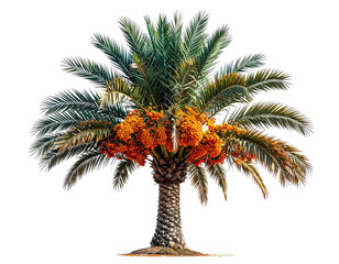 Close-up of a palm tree with dense green fronds and orange fruits