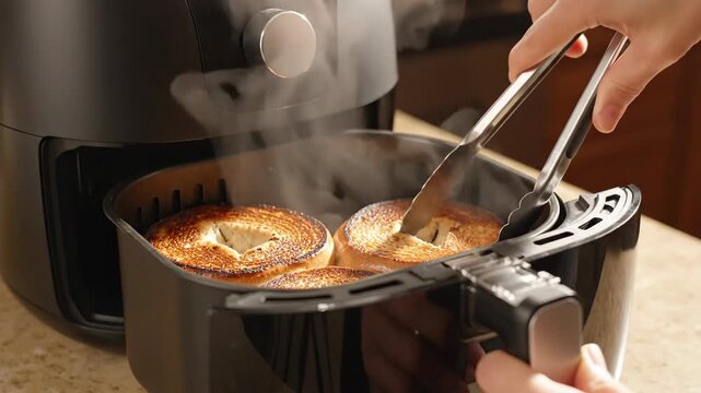 Air fryer toasting golden bagels in kitchen