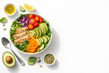 A vibrant and healthy salad bowl with grilled chicken, avocado, and fresh vegetables on a white background. © muhagraph