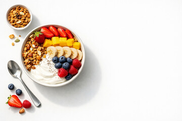 Overhead shot of a vibrant breakfast bowl filled with creamy yogurt, crunchy granola, fresh...