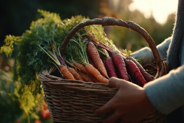 Harvested carrots in woven basket