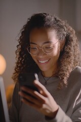 Woman using smartphone indoors smiling