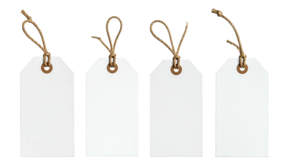 Four blank white tags with brown string loops against a black backdrop
