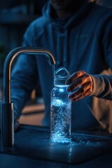 Person filling water bottle at faucet
