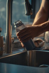 Hands filling water bottle at sink