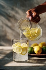 Lemon water pouring into glass