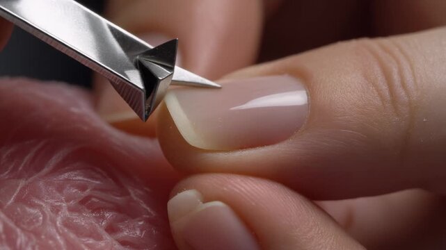 Close-up of nail trimming with nail clippers on manicured fingernails.