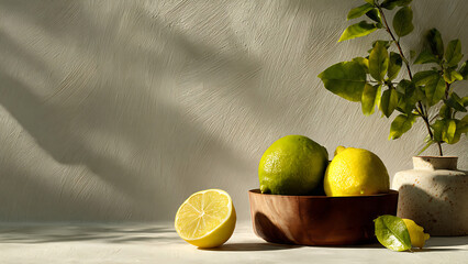 Rustic still life arrangement of lemons in a wooden bowl with natural light shadows