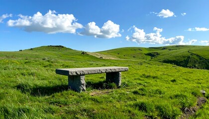 Scenic view of stone bench in lush green field with rolling hills and blue sky