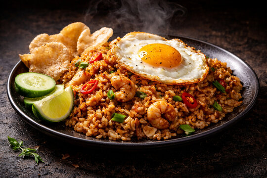 Steaming plate of Nasi Goreng with shrimp, fried egg, crackers, cucumber, and lime.