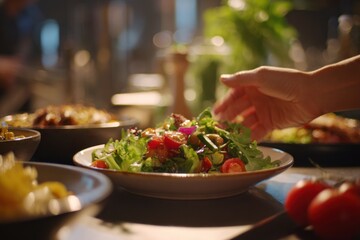 Salad preparation with fresh ingredients indoors