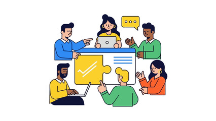 Diverse team collaborating on project, puzzle piece integration, business meeting, modern illustration
