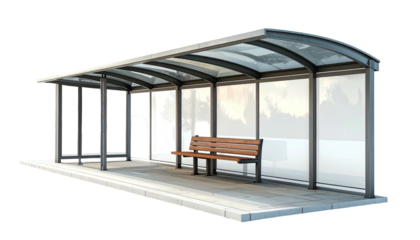 Public transport shelter with seating, curved roof, glass sides