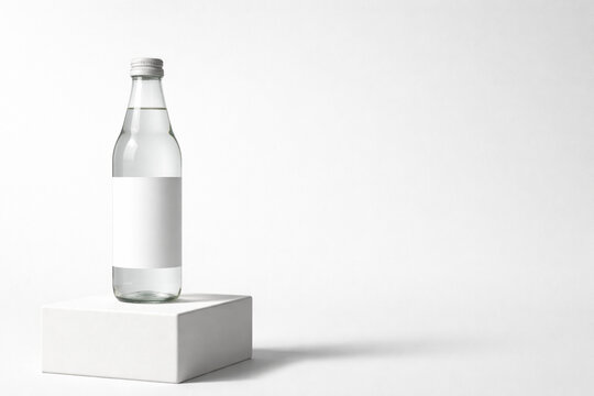 Clear glass bottle with blank white label and cap, filled with water, standing on a white rectangular block in a minimalist studio setting with a clean white background.