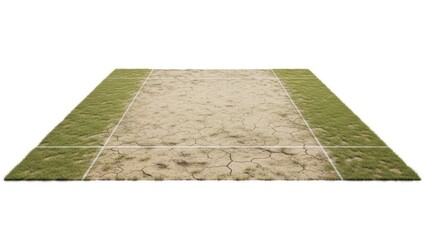 Fototapeta premium Cricket pitch with dry cracked earth isolated on white background | Cricket, pitch, wicket, field, sports, game.