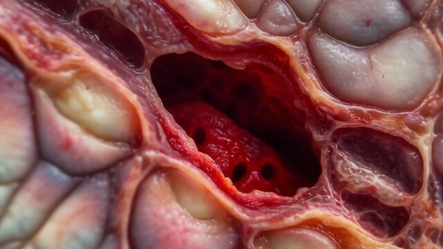 Close-up of human kidney tissue with visible nephrons and blood vessels.