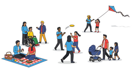 Fototapeta premium Diverse people enjoying outdoor activities: picnic, kite flying, frisbee, family walk