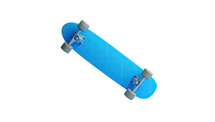 A blue skateboard rendered against a stark black background