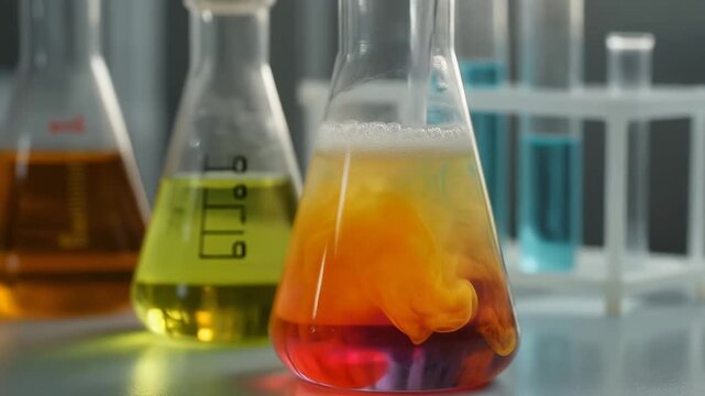 Laboratory equipment with colorful chemical reactions in flasks and test tubes.