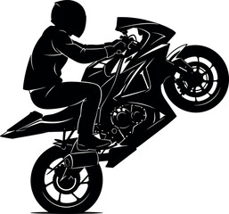 Fototapeta premium Black Silhouette Of Professional Stunt Rider Performing A High Wheelie On Sport Motorcycle, Extreme Motorbike Action Isolated Vector,