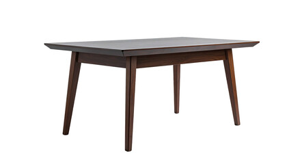 Rectangular coffee table with brown legs and a gray surface, isolated