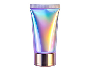 A shimmering iridescent tube for beauty product, against black