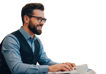 Man working on laptop with a smile isolated on transparent background