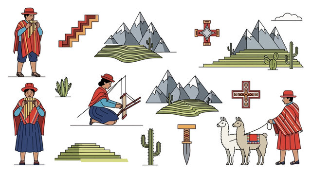 Andean Culture Elements: People, Llamas, Mountains, Weaving, Inca Symbols