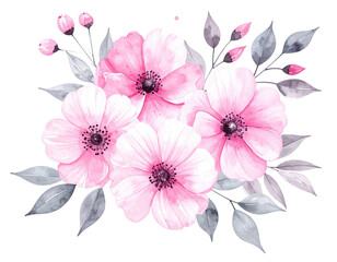 Watercolor floral arrangement with pink blooms and gray leaves