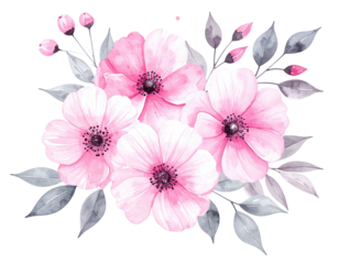 Watercolor floral arrangement with pink blooms and gray leaves