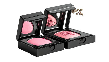Two open compacts of pink blush, one reflecting in a mirror