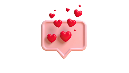 Pink speech bubble with red hearts floating on a black background