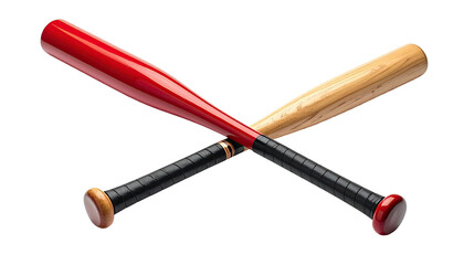 Two baseball bats, one red and one natural, crossing on a black backdrop