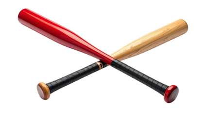 Two baseball bats, one red and one natural, crossing on a black backdrop