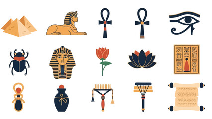 Ancient Egyptian Symbols Collection: Pyramids, Sphinx, Ankh, Scarab, Pharaoh, Lotus, Eye