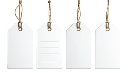 Four blank white tags with twine hanging against a black backdrop
