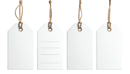 Four blank white tags with twine hanging against a black backdrop