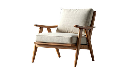 A comfortable wooden armchair with beige cushions against a black background