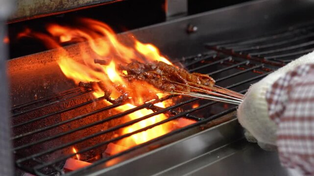 Yak meat skewers grilling, yak meat skewers grilling fire, yak meat skewers grilling food