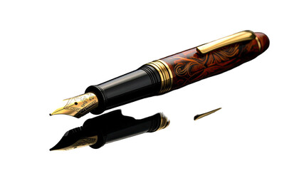 Ornate fountain pen, gold nib, reflected against black background