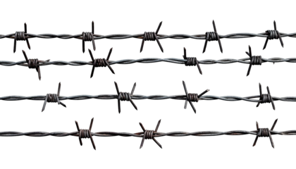 Close-up of coiled, rusted metal strands with sharp barbs against black