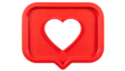 Red icon with heart cutout inside speech bubble, isolated on black
