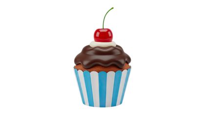 Chocolate cupcake with cherry and white frosting on transparent background
