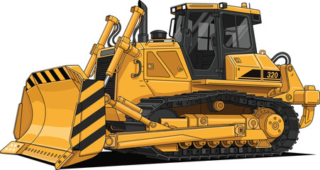 Powerful heavy bulldozer machine illustration, industrial construction equipment with large blade, tracked earthmoving vehicle graphic for mining, engineering and building project work © MdNurAlam