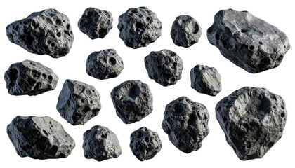 Group of realistic, dark-gray asteroids isolated on a black background
