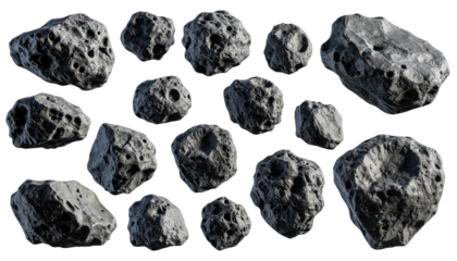 Group of realistic, dark-gray asteroids isolated on a black background