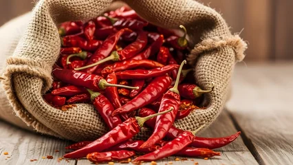 Acrylglasbilder Scharfe Chili-pfeffer Burlap sack overflowing with dried red chili peppers on a wooden surface.  © Syauqiya