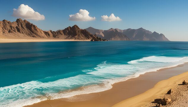 Beautiful ocean meeting Saudi Arabia shore near rocky mountains - high shot.